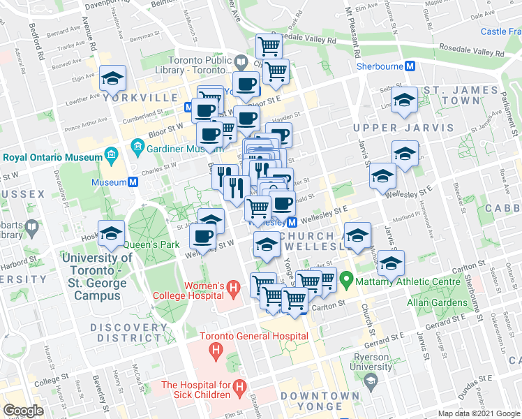 map of restaurants, bars, coffee shops, grocery stores, and more near 5 Saint Joseph Street in Toronto