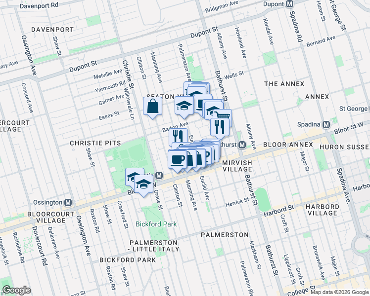 map of restaurants, bars, coffee shops, grocery stores, and more near 106 London Street in Toronto