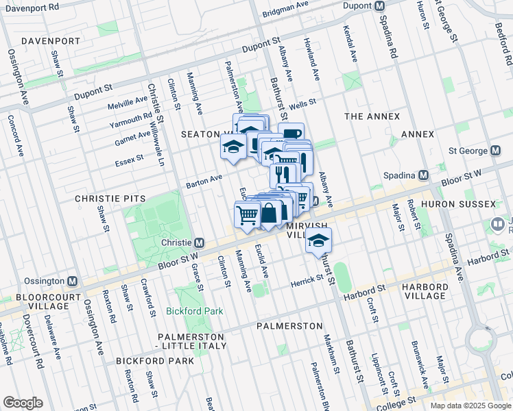 map of restaurants, bars, coffee shops, grocery stores, and more near 75 London Street in Toronto