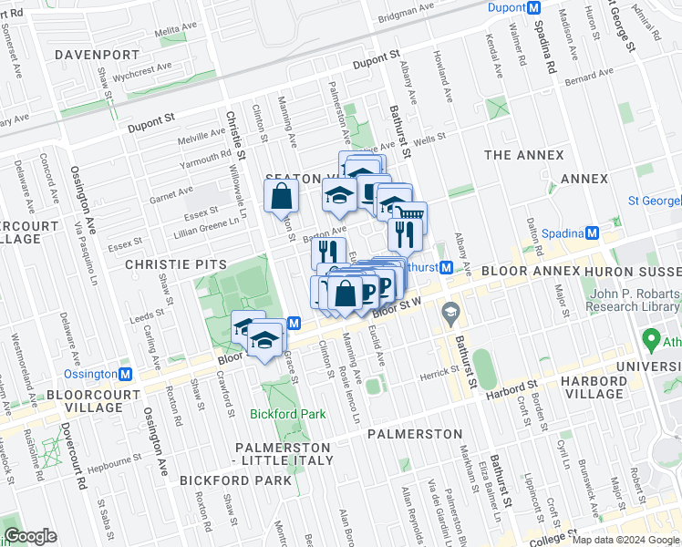 map of restaurants, bars, coffee shops, grocery stores, and more near 106 London Street in Toronto