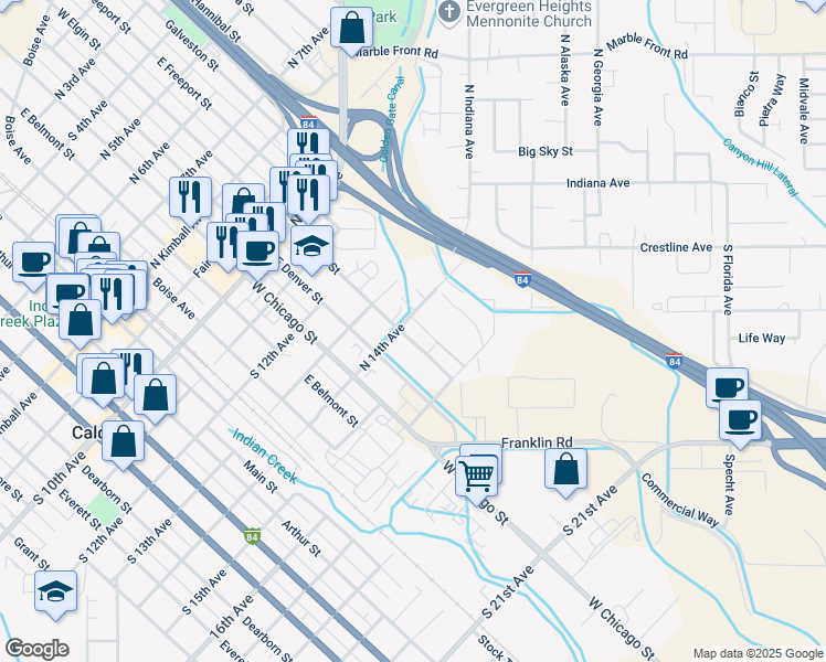 map of restaurants, bars, coffee shops, grocery stores, and more near 1321 East Elgin Street in Caldwell