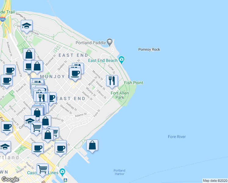 map of restaurants, bars, coffee shops, grocery stores, and more near 25 Morning Street in Portland