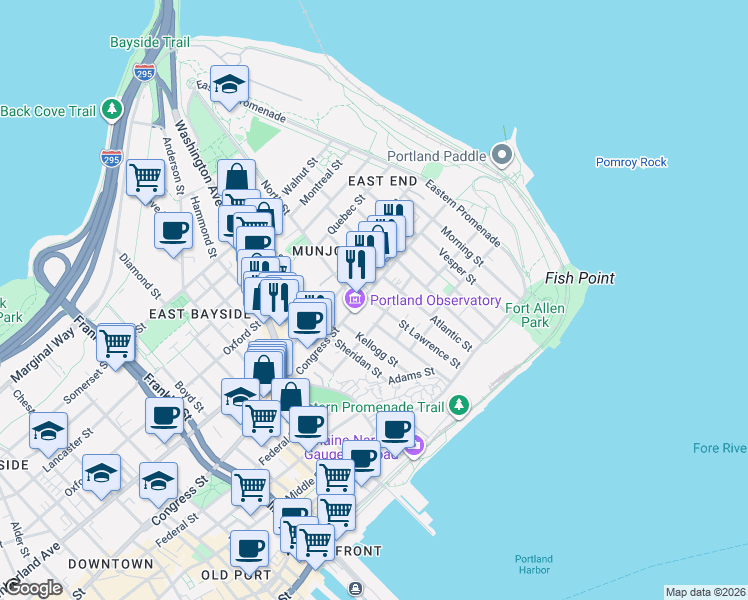 map of restaurants, bars, coffee shops, grocery stores, and more near in Portland