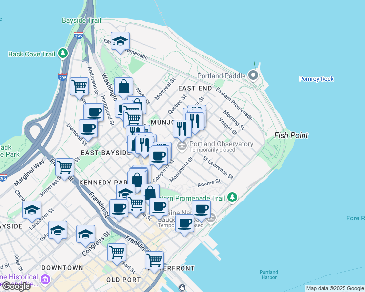 map of restaurants, bars, coffee shops, grocery stores, and more near 16 Cumberland Avenue in Portland