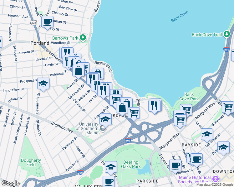 map of restaurants, bars, coffee shops, grocery stores, and more near 4 Belmeade Road in Portland