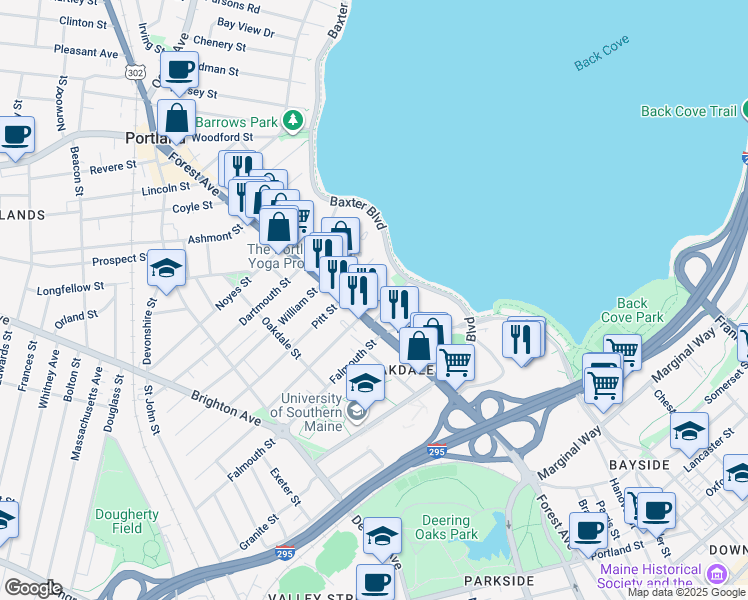 map of restaurants, bars, coffee shops, grocery stores, and more near 45 Forest Park in Portland