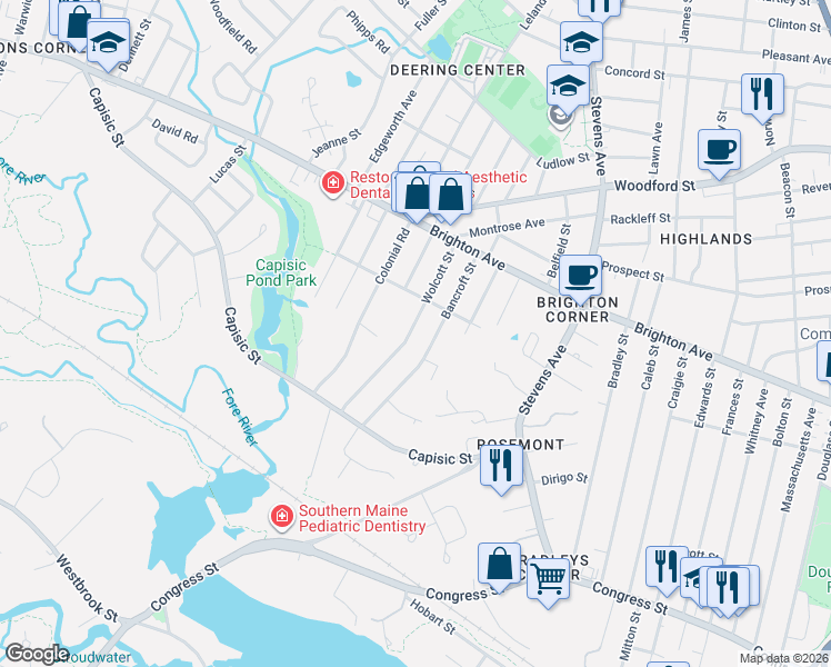 map of restaurants, bars, coffee shops, grocery stores, and more near 55 Wolcott Street in Portland