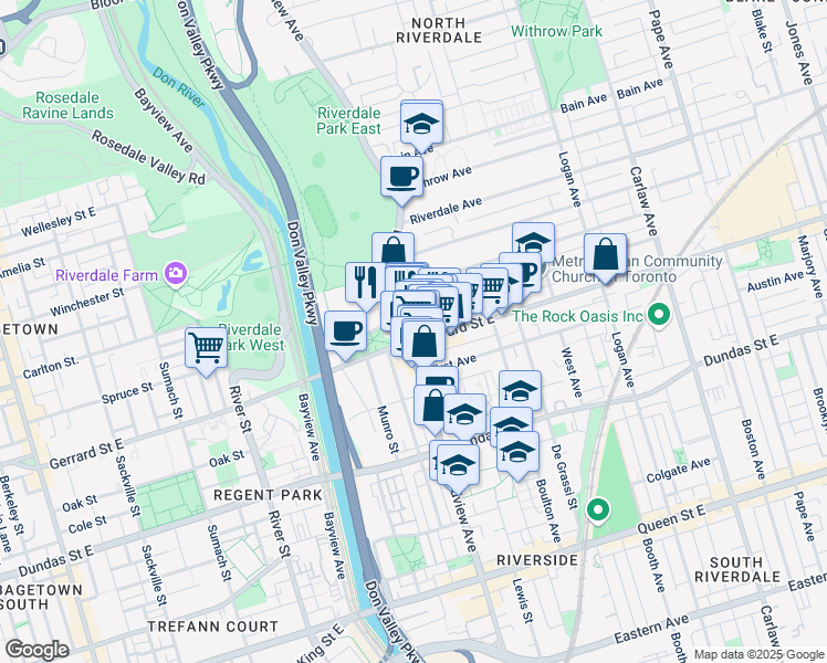 map of restaurants, bars, coffee shops, grocery stores, and more near 427 Broadview Avenue in Toronto