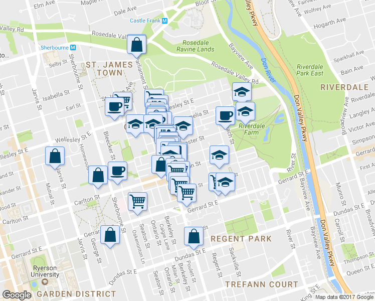 map of restaurants, bars, coffee shops, grocery stores, and more near in Toronto