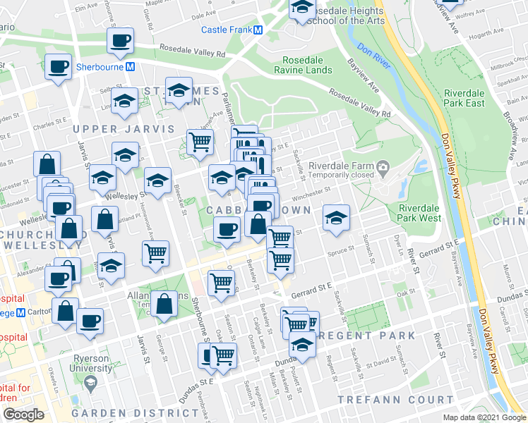 map of restaurants, bars, coffee shops, grocery stores, and more near in Toronto
