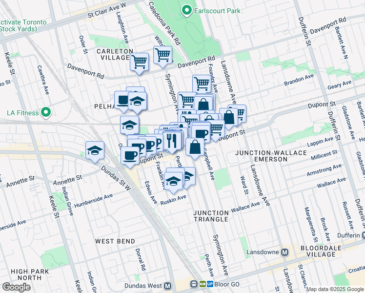 map of restaurants, bars, coffee shops, grocery stores, and more near 348 Symington Avenue in Toronto