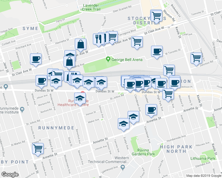 map of restaurants, bars, coffee shops, grocery stores, and more near 142 Maria Street in Toronto