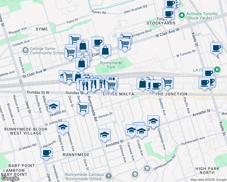 map of restaurants, bars, coffee shops, grocery stores, and more near in Toronto