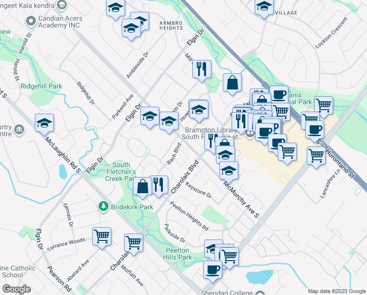 map of restaurants, bars, coffee shops, grocery stores, and more near 6 Schubert Crescent in Brampton