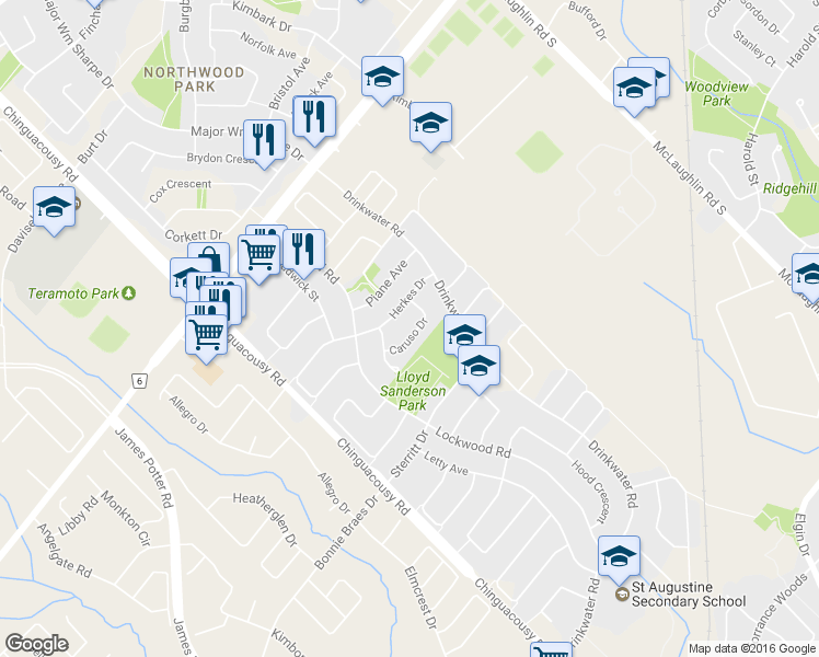 map of restaurants, bars, coffee shops, grocery stores, and more near 61 Caruso Drive in Brampton