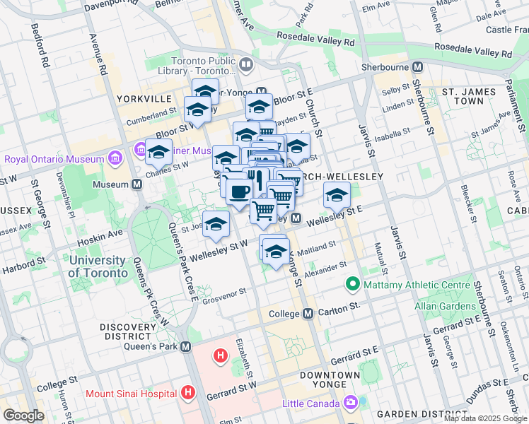 map of restaurants, bars, coffee shops, grocery stores, and more near 5 Saint Joseph Street in Toronto