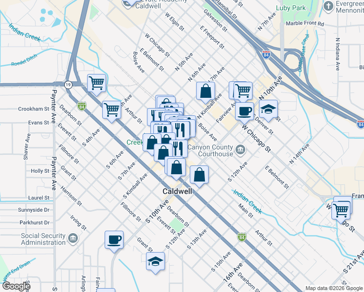 map of restaurants, bars, coffee shops, grocery stores, and more near 807 Main Street in Caldwell