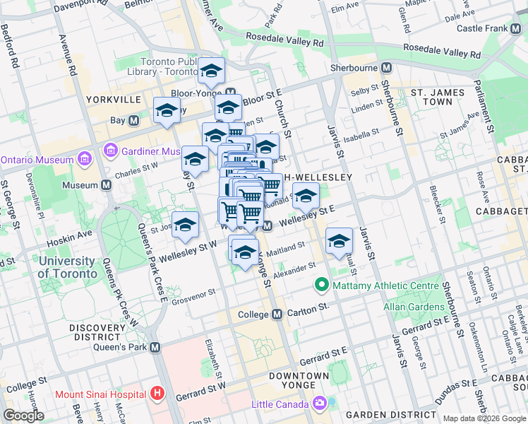 map of restaurants, bars, coffee shops, grocery stores, and more near 15 Dundonald Street in Toronto