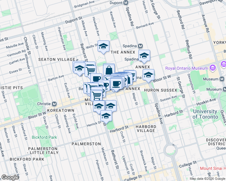 map of restaurants, bars, coffee shops, grocery stores, and more near in Toronto