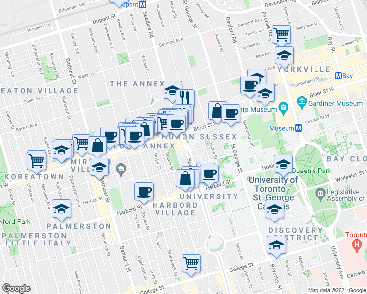 map of restaurants, bars, coffee shops, grocery stores, and more near 736 Spadina Avenue in Toronto