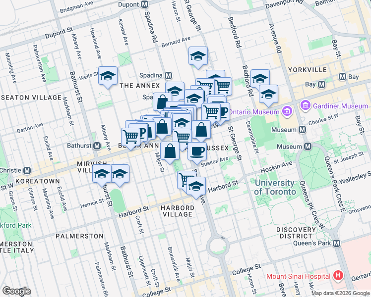 map of restaurants, bars, coffee shops, grocery stores, and more near 736 Spadina Avenue in Toronto