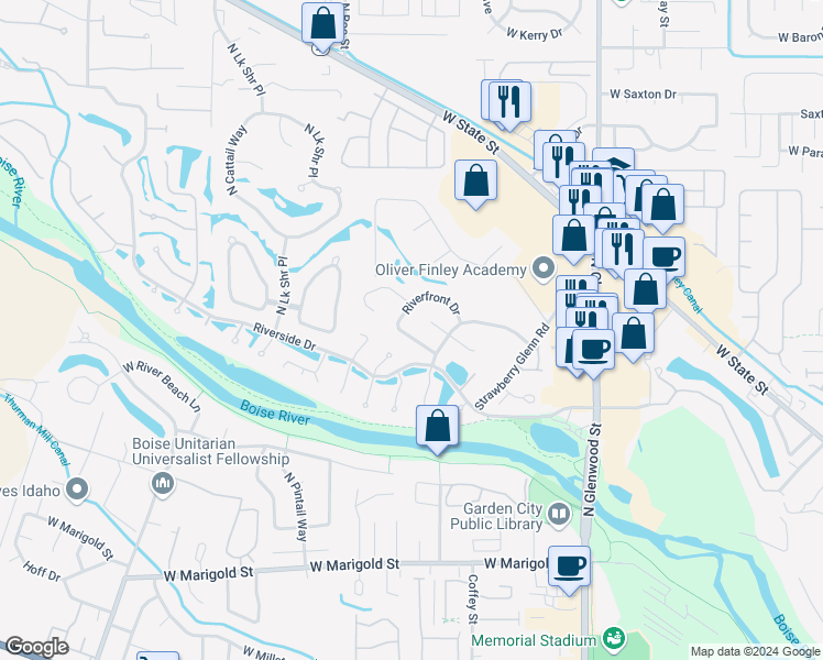 map of restaurants, bars, coffee shops, grocery stores, and more near 5112 West Cove Street in Boise