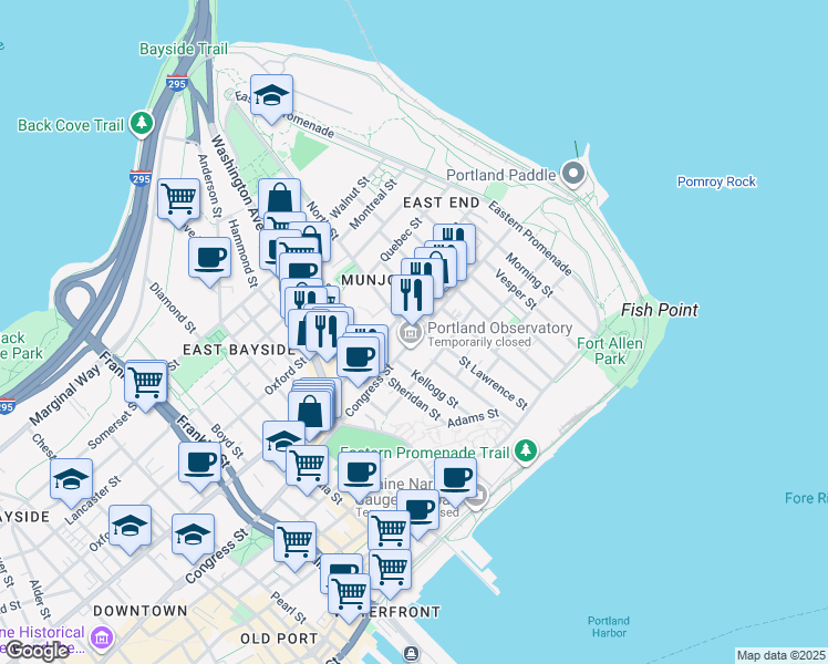 map of restaurants, bars, coffee shops, grocery stores, and more near in Portland