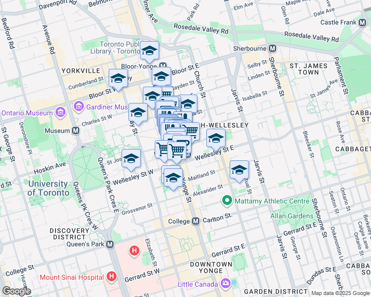 map of restaurants, bars, coffee shops, grocery stores, and more near 15 Dundonald Street in Toronto