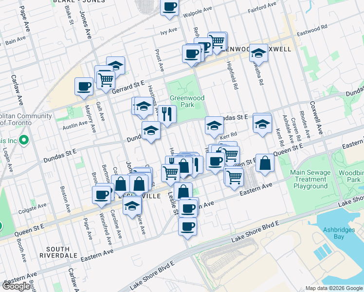 map of restaurants, bars, coffee shops, grocery stores, and more near 82 Alton Avenue in Toronto