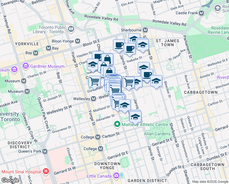 map of restaurants, bars, coffee shops, grocery stores, and more near 72 Wellesley Street East in Toronto