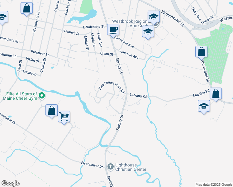 map of restaurants, bars, coffee shops, grocery stores, and more near 16 Blue Spruce Farm Road in Westbrook
