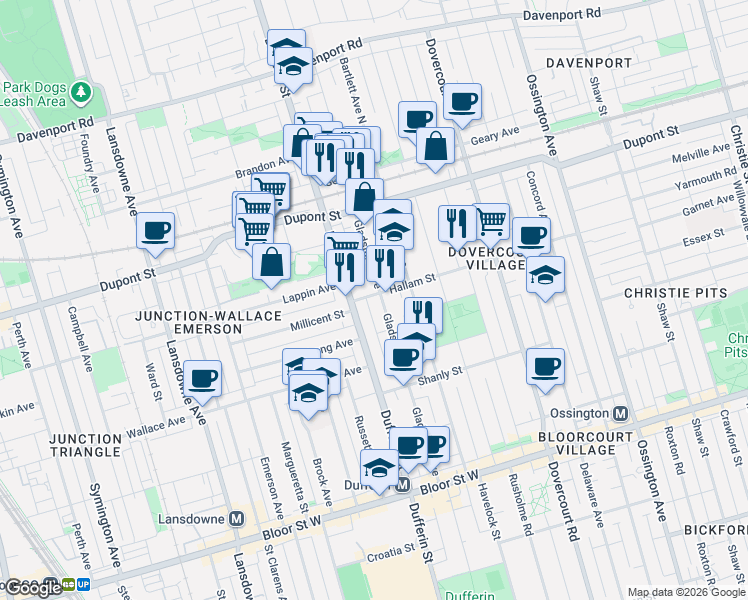 map of restaurants, bars, coffee shops, grocery stores, and more near 251 Hallam Street in Toronto