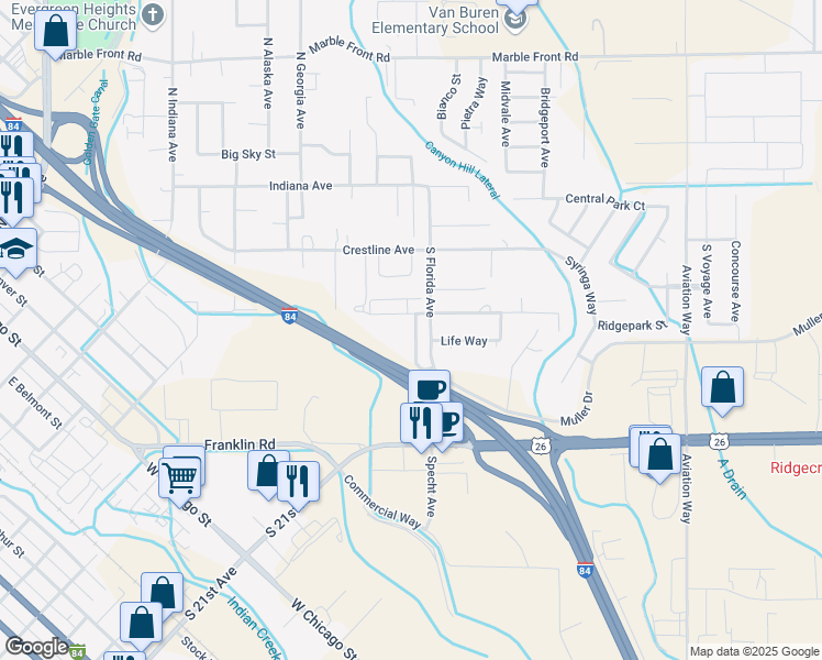 map of restaurants, bars, coffee shops, grocery stores, and more near 520 South Florida Avenue in Caldwell
