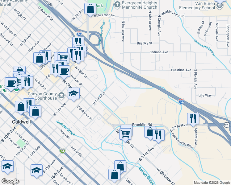 map of restaurants, bars, coffee shops, grocery stores, and more near 1407 Hope Lane in Caldwell