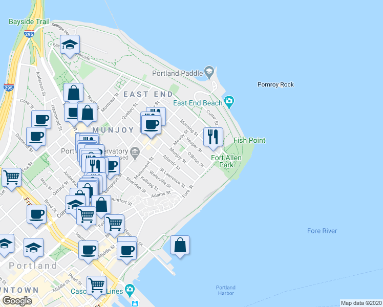 map of restaurants, bars, coffee shops, grocery stores, and more near 50 Vesper Street in Portland
