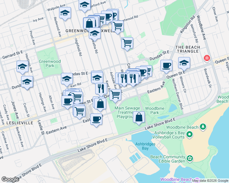 map of restaurants, bars, coffee shops, grocery stores, and more near 1554 Queen Street East in Toronto