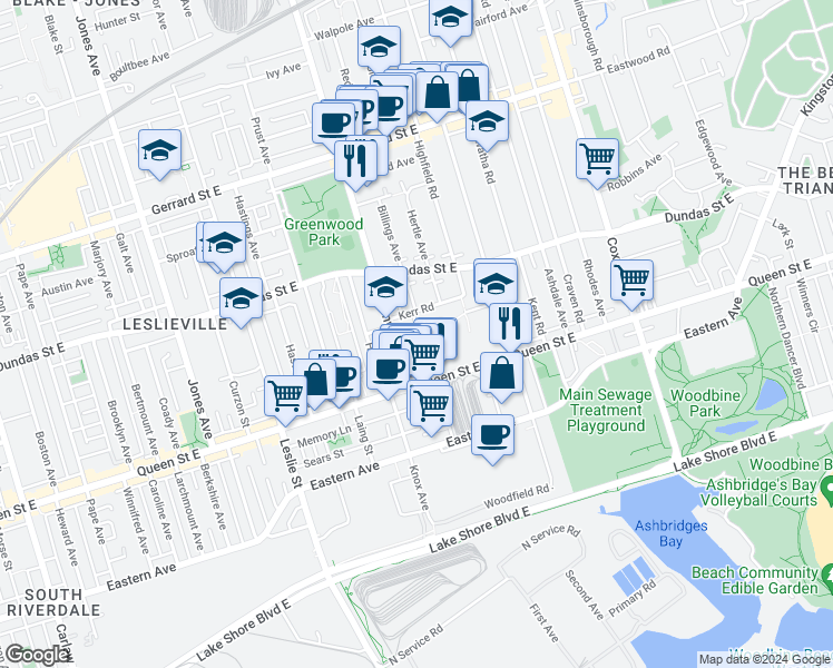 map of restaurants, bars, coffee shops, grocery stores, and more near in Toronto