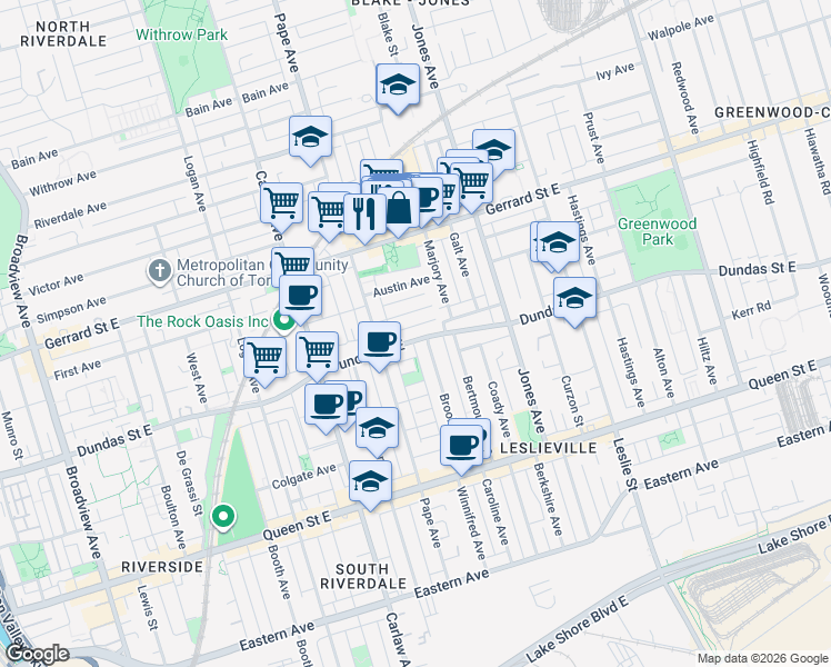 map of restaurants, bars, coffee shops, grocery stores, and more near in Toronto