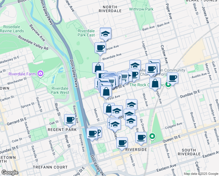 map of restaurants, bars, coffee shops, grocery stores, and more near in Toronto