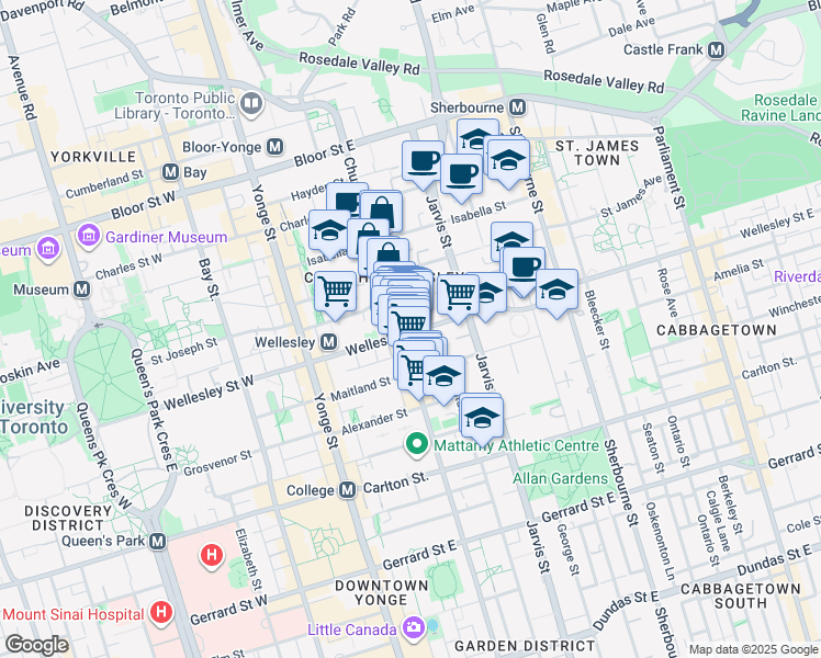 map of restaurants, bars, coffee shops, grocery stores, and more near 10 Cawthra Square in Toronto