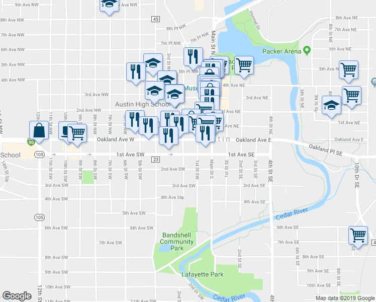 map of restaurants, bars, coffee shops, grocery stores, and more near 301 Oakland Avenue West in Austin