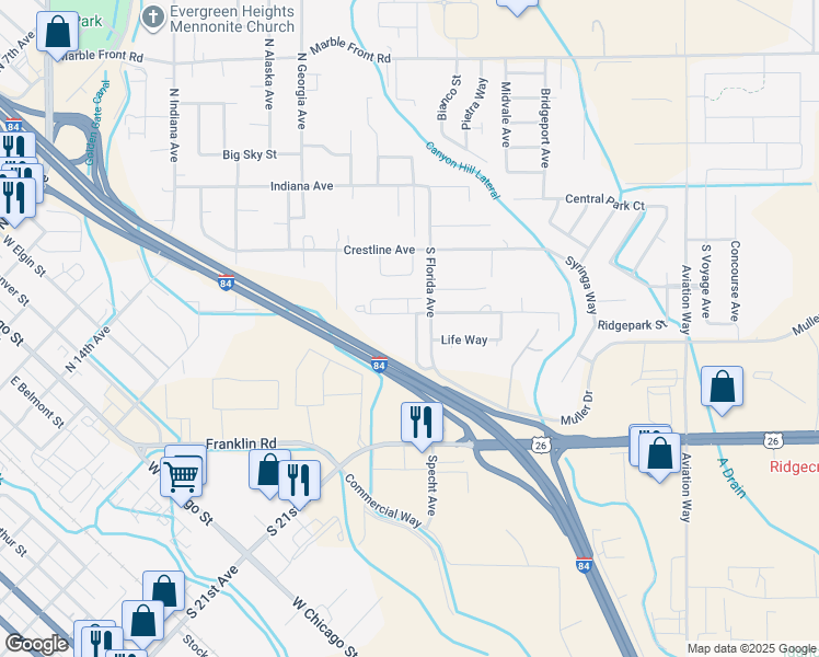 map of restaurants, bars, coffee shops, grocery stores, and more near 520 South Florida Avenue in Caldwell