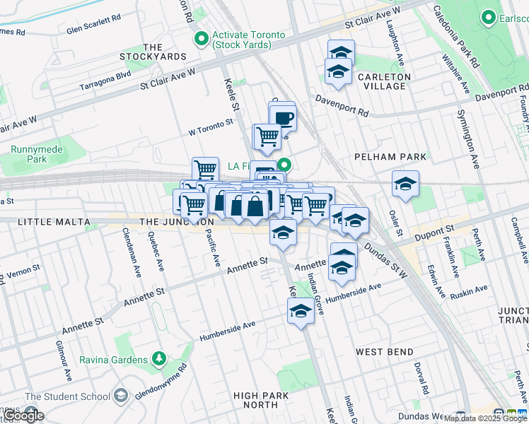 map of restaurants, bars, coffee shops, grocery stores, and more near 20 Vine Avenue in Toronto