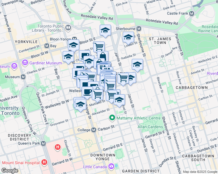 map of restaurants, bars, coffee shops, grocery stores, and more near 68 Wellesley Street East in Toronto