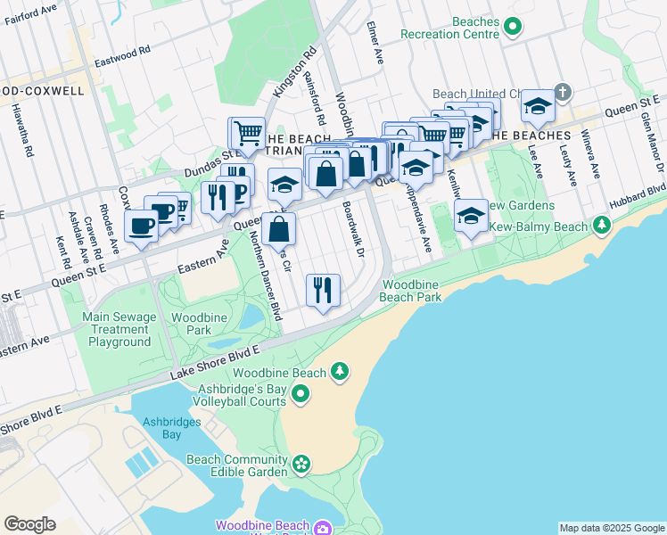 map of restaurants, bars, coffee shops, grocery stores, and more near 46 Joseph Duggan Road in Toronto
