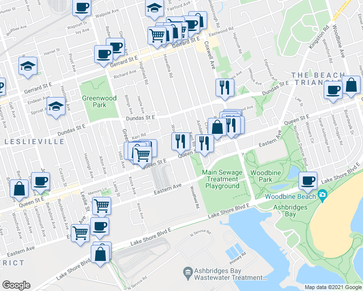 map of restaurants, bars, coffee shops, grocery stores, and more near 57 Woodfield Road in Toronto