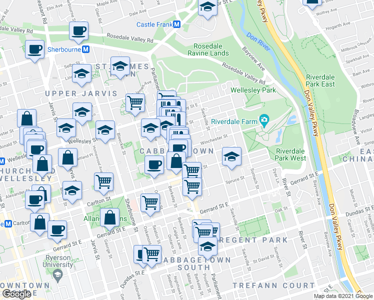 map of restaurants, bars, coffee shops, grocery stores, and more near 63 Winchester Street in Toronto