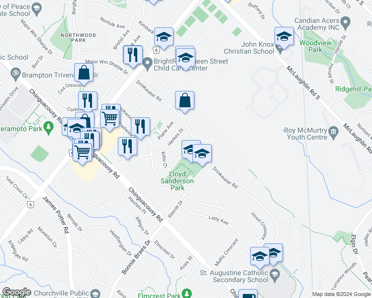map of restaurants, bars, coffee shops, grocery stores, and more near 39 Caruso Drive in Brampton