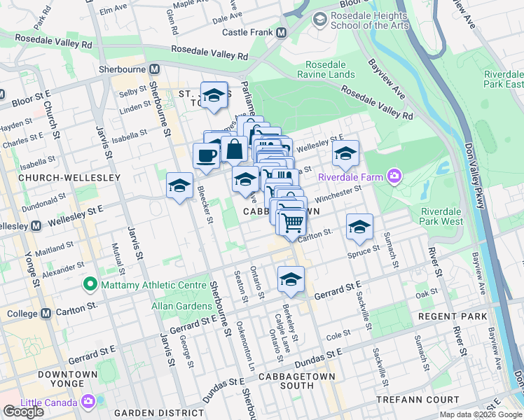 map of restaurants, bars, coffee shops, grocery stores, and more near 9 Rose Avenue in Toronto