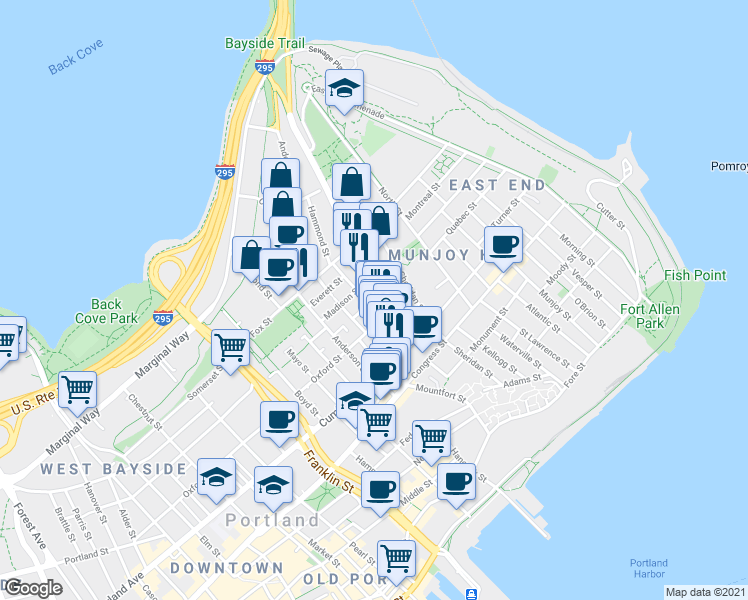 map of restaurants, bars, coffee shops, grocery stores, and more near Washington Ave & Monroe St in Portland